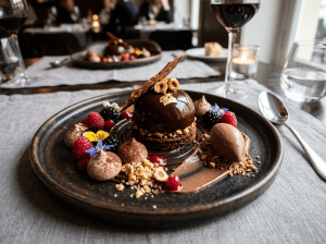 Chocolate mousse dessert with berries, nuts, edible flowers, and chocolate ice cream on a dark plate