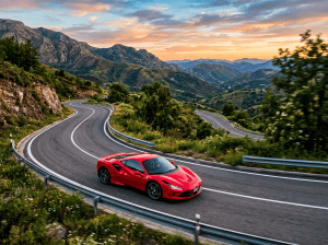 Red sports car driving on winding asphalt mountain road with guardrails