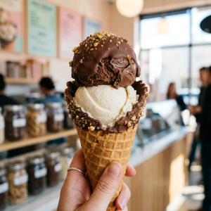 Chocolate and vanilla ice cream cone with nut topping in a café