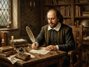 William Shakespeare writing a sonnet with a quill in a candlelit study
